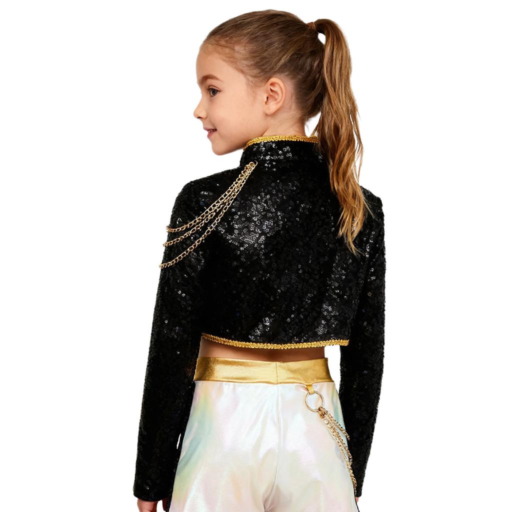Shiny Sequins Stage Jacket for Girls, Long Sleeve Singer Cosplay Costume with Braided Trimming & Chains for a Complete Look