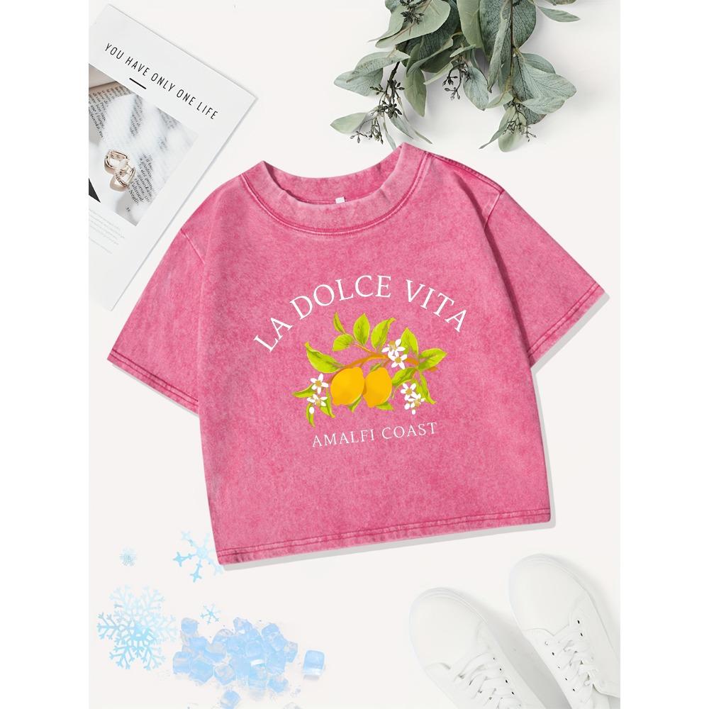 Summer Cotton Crop Tops Women La Dolce Vita Amalfi Coast Lemon Prints Washed T-Shirts Y2K Regular Fit O-Neck Clothes