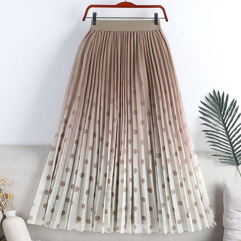 MOJTA Mid-length Skirt Spring Summer Women's Pleated Elastic Dots High Waist Skirt A-line Long Skirt