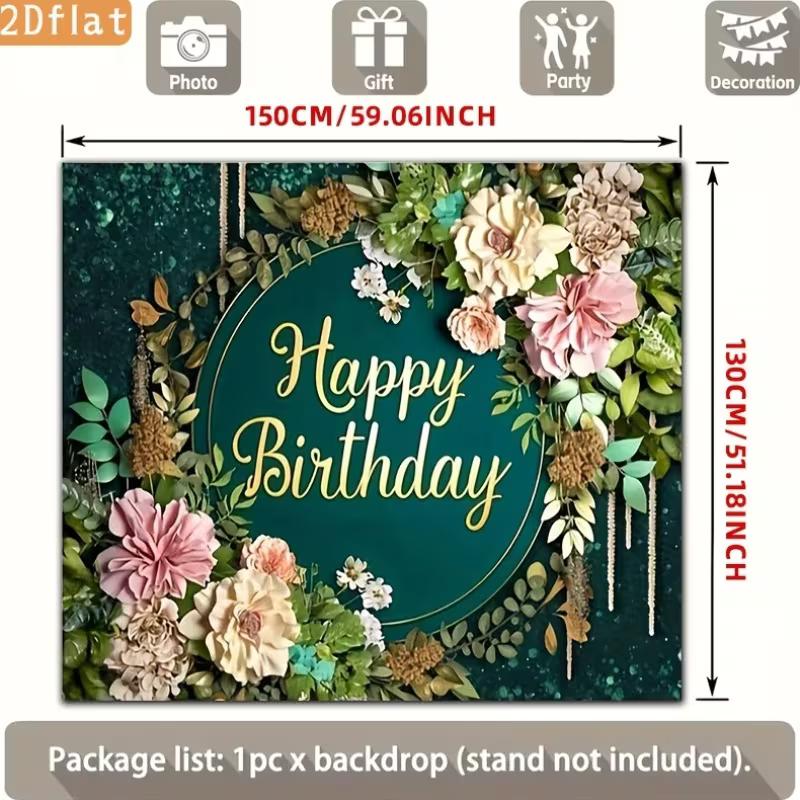 2D Elegant Green Floral Birthday Backdrop with Pink Flowers Photography Background