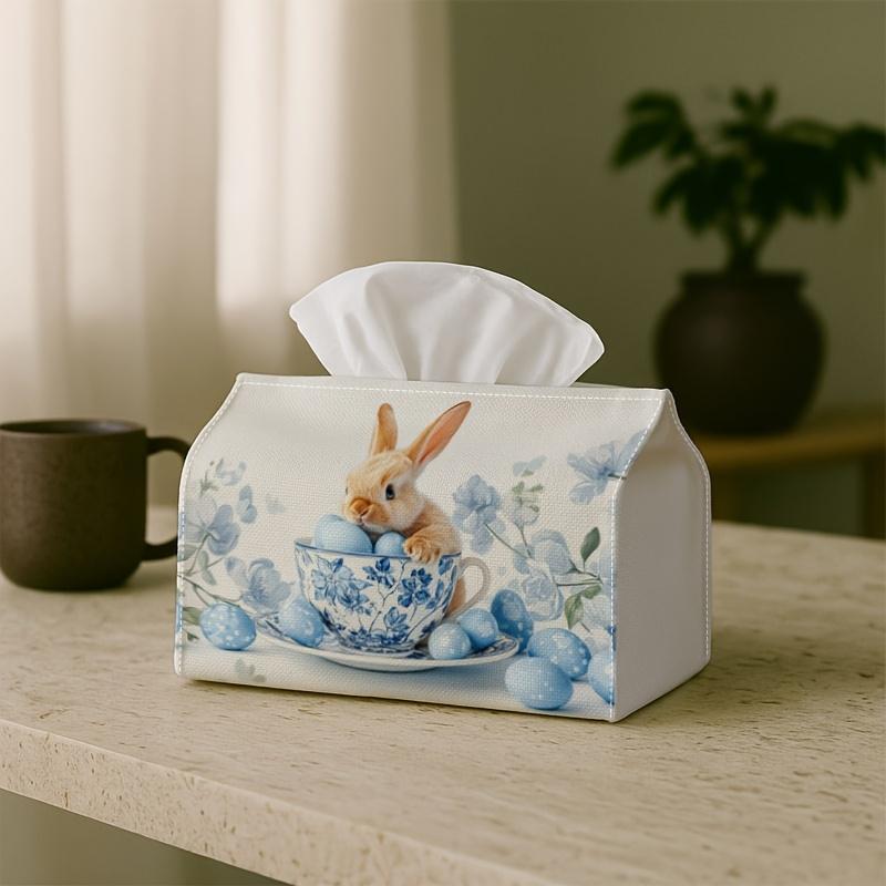 1pc Spring Cottage Design Easter Tissue Box - Bunny Teacup Eggs - 10.92*12.95*17.78cm Tissue Holder, Napkin Holder, Sturdy for Living Room - Suitable