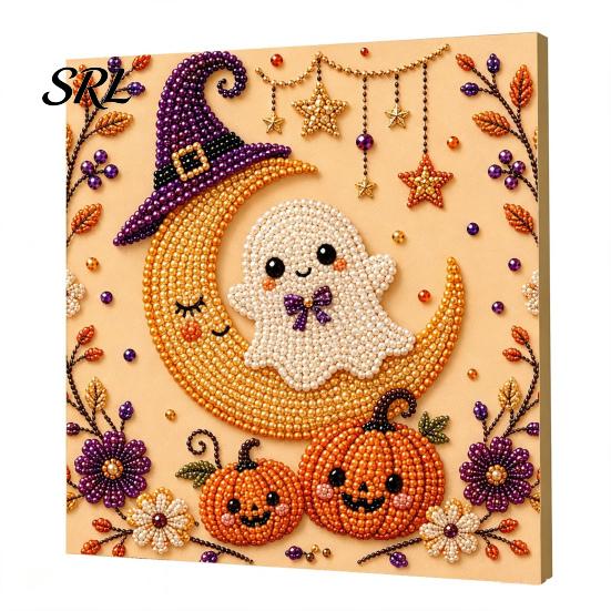 Autumn Home Decor Ghost Faux Pearl Art Kit, Halloween Pumpkin Painting DIY Decorative Canvas Projects 3D Spooky Skull Craft Kit for Adults Beginners,