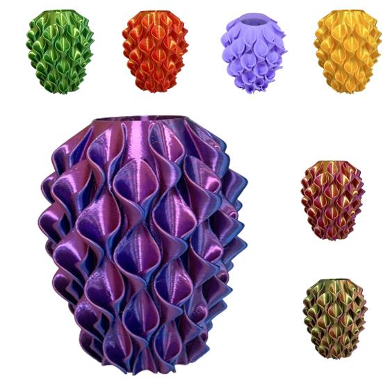 3D Printed Red Gold Flower Vase Sculptural Wave Geometric Textured Decorative