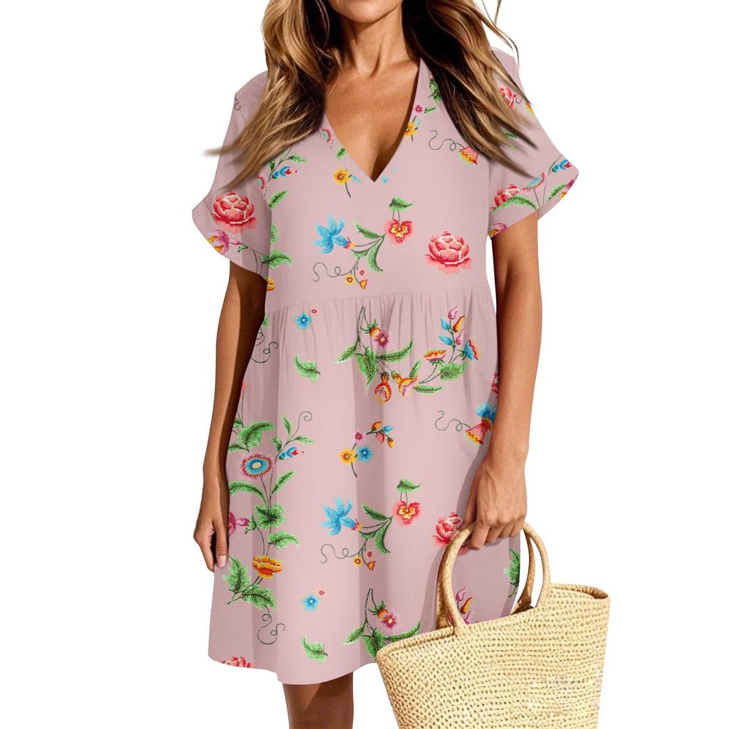 Женское повседневное модное платье с винтажным цветочным принтом и коротким рукавом и V-образным вырезом