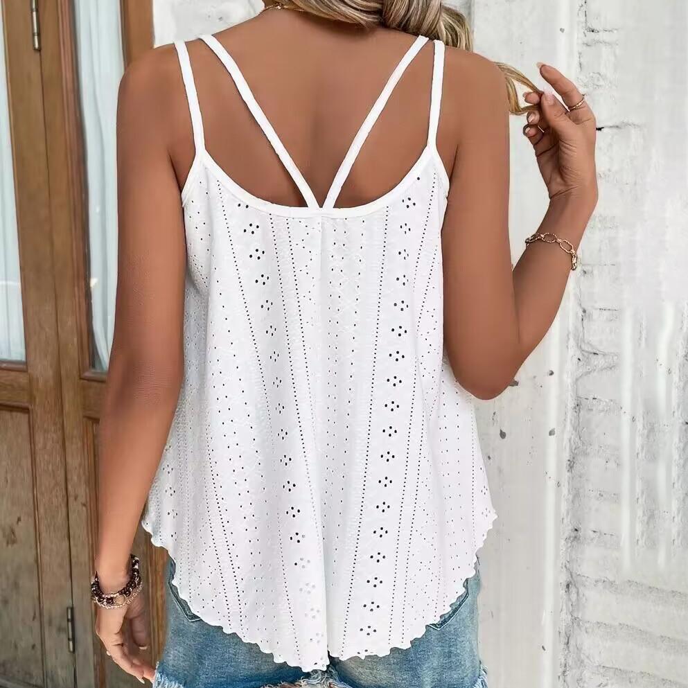 Plus Size Women Double Shoulder Strap Cami Tops, Embossed Hollow Out Sleeveless Loose Casual Basic Layering Tank Vest