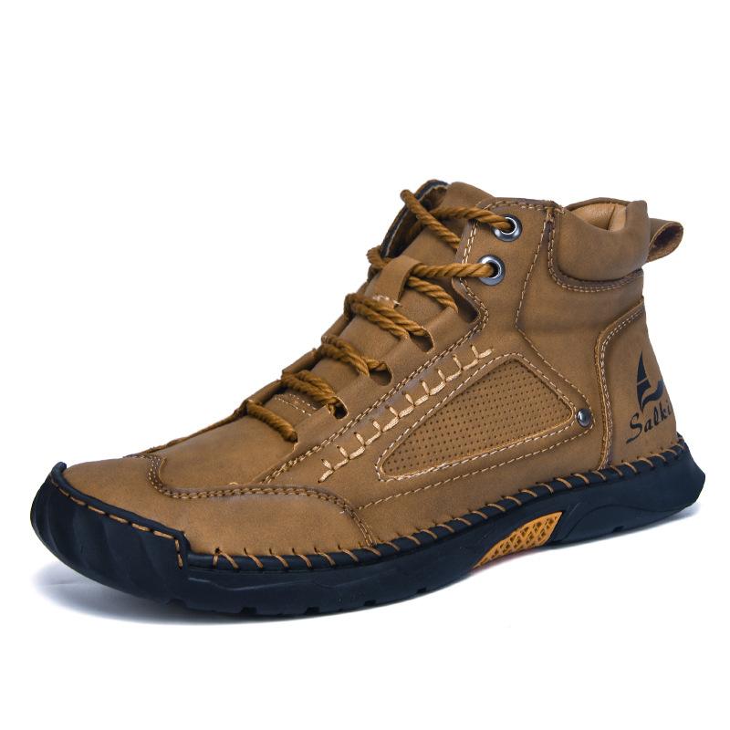 2025 New Large Size Men's Leather Boots Fashion Hand-stitched Ankle Boots Flat Short Boots Lace-up Casual Shoes