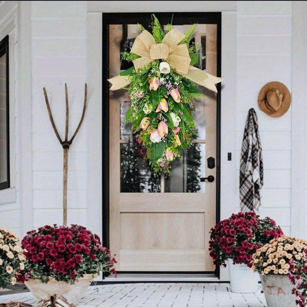 Тюльпановый венок Искусственный тюльпановый венок Цветочный венок Принадлежности для вечеринок Тюльпаны Каплевидный венок Имитация венков Весенний венок для камина Окна Стены