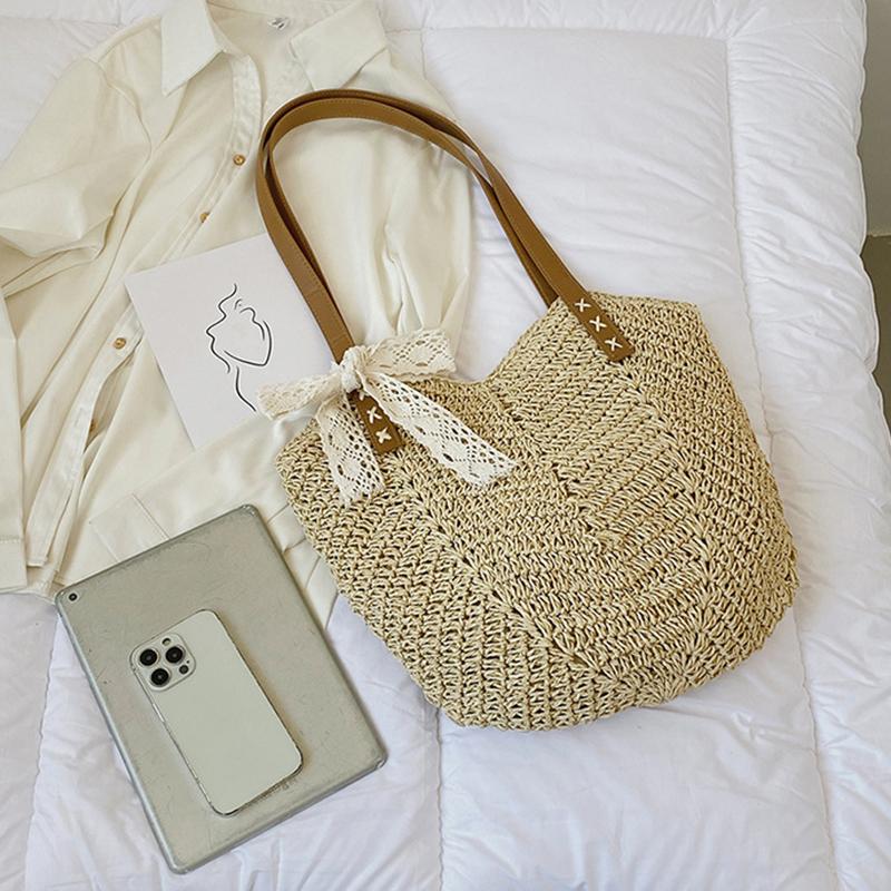 Yogodlns Повседневная соломенная сумка через плечо для женщин, полая тканая пляжная сумка из ротанга