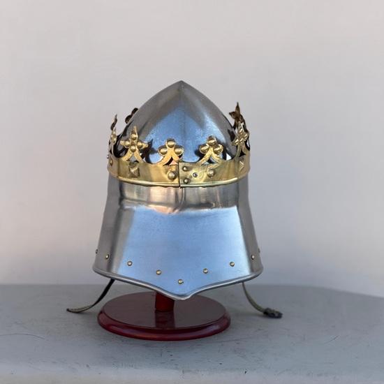 Handmade Steel King Helmet with Brass Crown, Display Stand Included