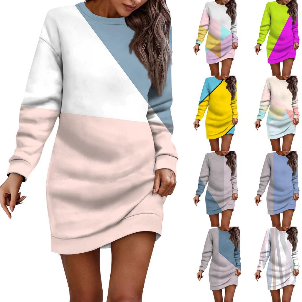 Women's Round Neck Geometric Long Sleeve Hip-wrapped Dress Sweater Dress
