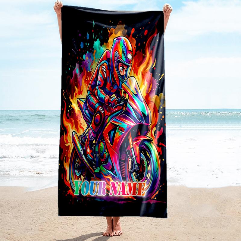 1PC Custom Name Rider Flames Artwork Beach Towel Highly Absorbent And Sand-Resistant Towel for Swimming, Pool, Yoga, And Travel Lightweight