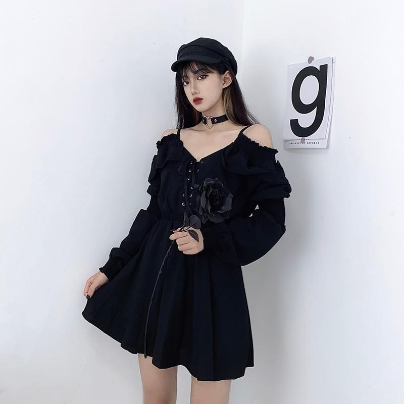 Women Dress Plus Size Lace Up Black Spring Autumn Sexy High Waist Femme Dresses Off Shoulder Long Sleeve Gothic Clothes