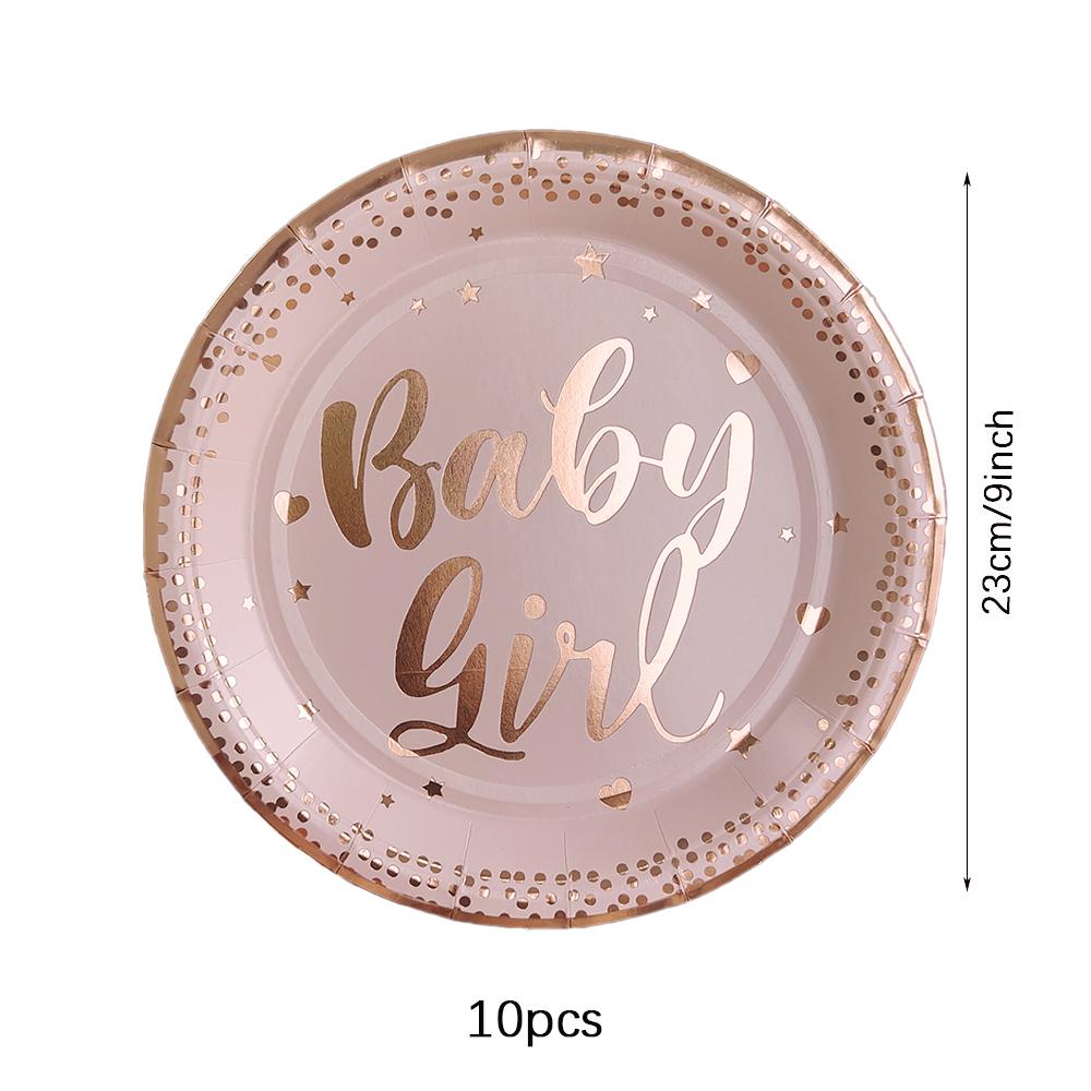 Baby Girl Disposable Tableware Pink Striped Rose Gold Paper Plates Cups Napkins for Baby Shower Birthday Party Decorations
