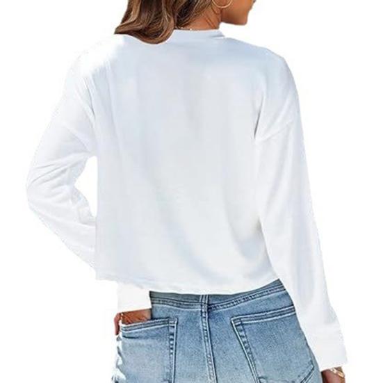 Женские топы с круглым вырезом и длинными рукавами, однотонные свободные укороченные топы для повседневной носки