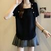 Women's Off White Square Neck Double Side Metal Button Curved Hem Short Sleeve Knit Top