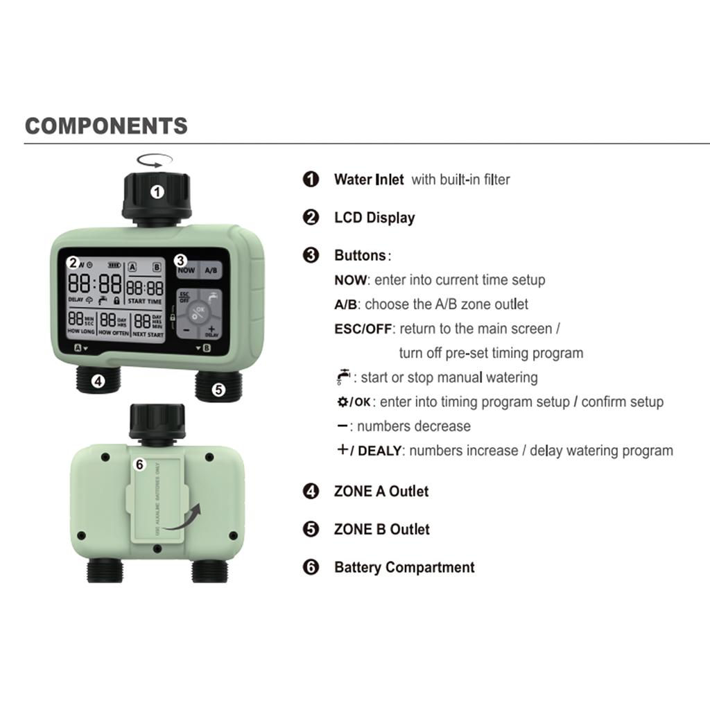 Цифровой таймер подачи воды с 2 выходами, IPX5, водонепроницаемый программируемый садовый спринклер с большим ЖК-дисплеем