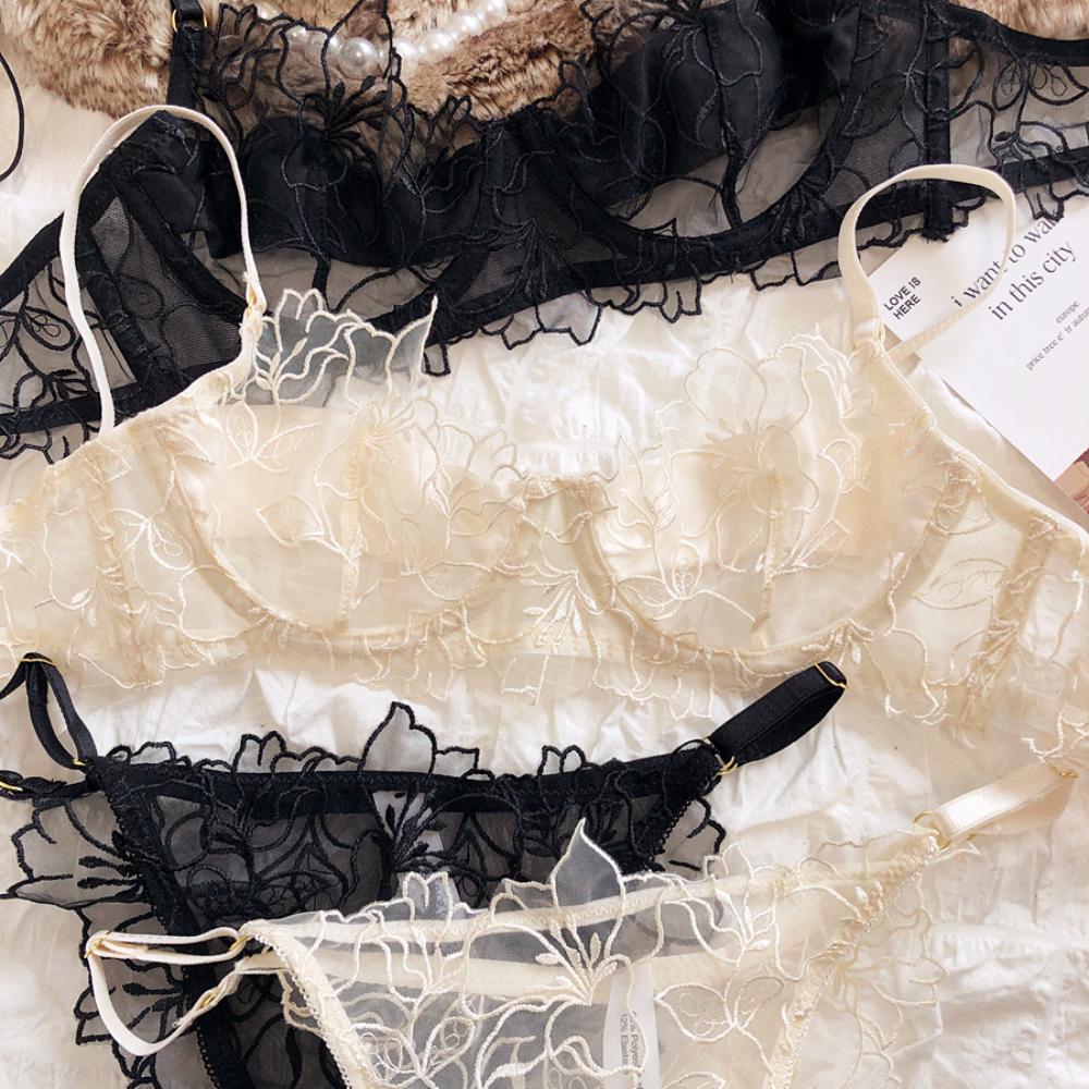 Французский комплект нижнего белья, сексуальный кружевной комплект с цветочной вышивкой, бюстгальтер, женское нижнее белье, летние ультратонкие дышащие бюстгальтеры без косточек, нижнее белье, трусики