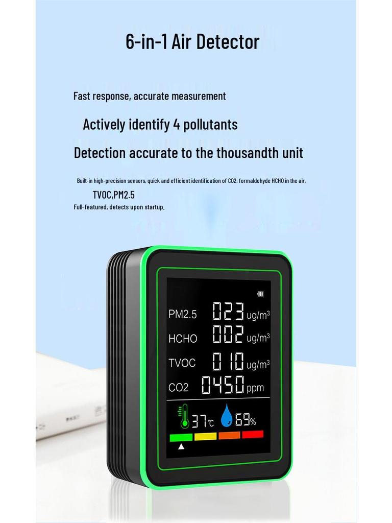 6-in-1 Air Quality Monitor: Formaldehyde, PM2.5, CO2, and TVOC Detection