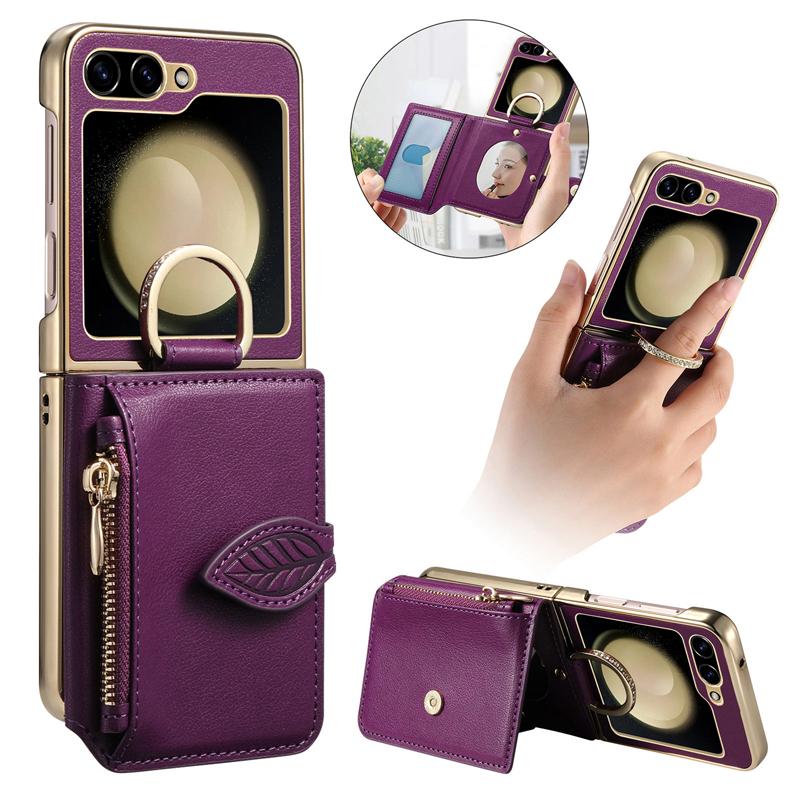 Protective Dual Layer Bumper Phone Wallet Case for Samsung Galaxy Z Flip 6 Cases with Card Holder Built-In Mirror Zipper Purse