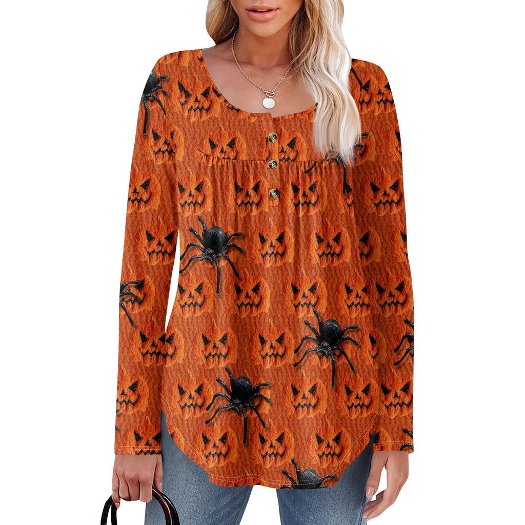 Женская туника с длинным рукавом, свободные топы, повседневные топы оверсайз, плиссированная туника, застегивающаяся на пуговицы, повседневные женские топы с принтом