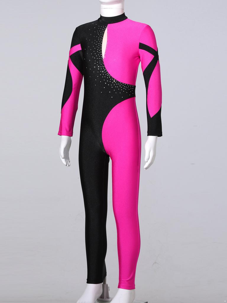 Rhythmic Gymnastics Jumpsuits Kids Shiny Rhinestone Ice Skating Bodysuit Girls Long Sleeve Ballet Dance Full Body Leotards Unitards Stage Wear