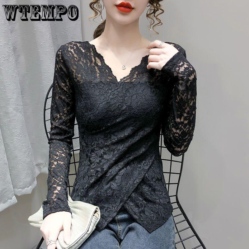 Autumn and Winter Padded Sexy V-neck Long-sleeved Cross Slim Age-reducing Blouse Hundred Lace Bottoming Shirt