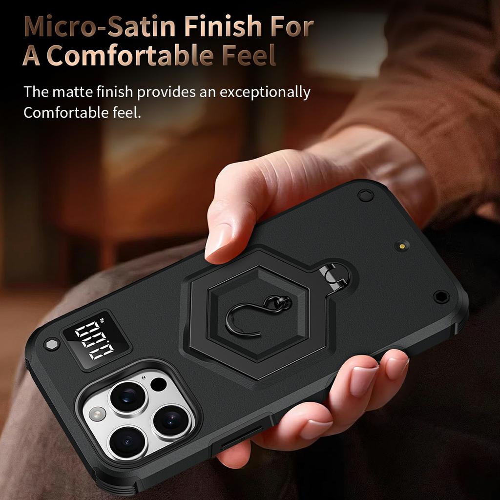 For iPhone 16 Pro Case Hexagonal Kickstand Shockproof TPU PC Matte Phone Cover with Integrated Scale Hook