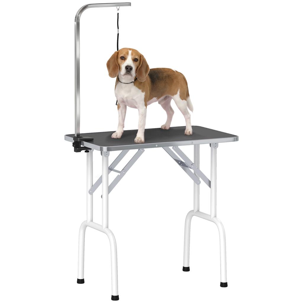 32" Foldable Dog Grooming Table Pet Drying Beauty Table Adjustable Fixed Arm Rubber Top, Black