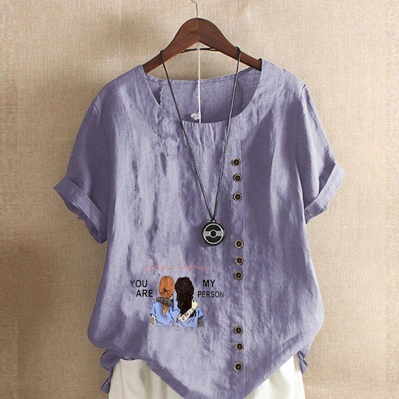 Women's Fashion Round Neck Short Sleeve T-shirt Casual Cotton Linen Graphic Shirt Leisure Loose Good Sisters Prined Summer Blouse Tops