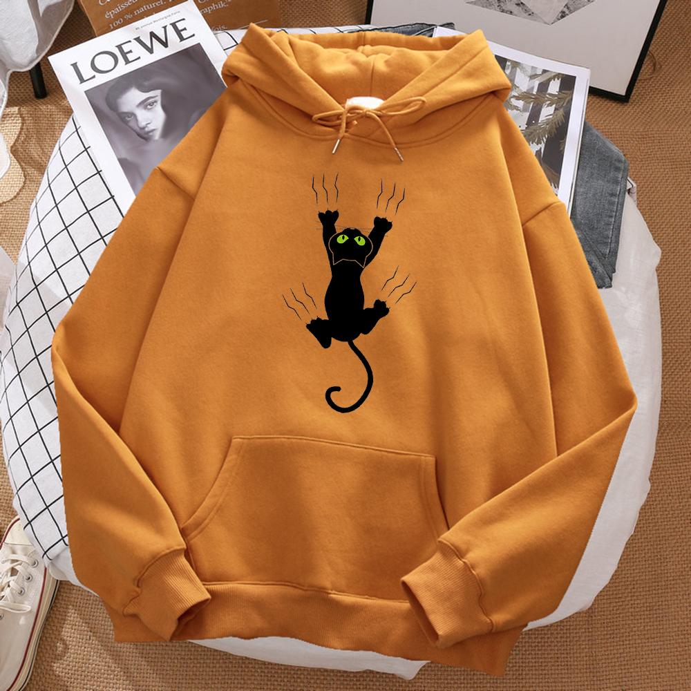 Naughty Black Cat Print Women's Hooded Hip-hop Comfortable Sweatshirt Cartoon Soft Hooded Harajuku Sportswear
