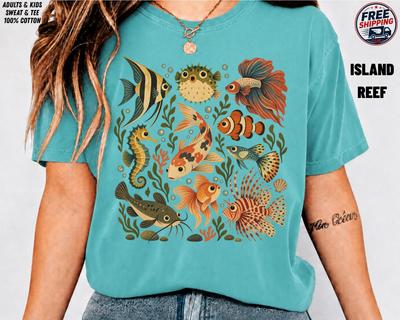 Vintage Ocean Fish Graphic Tee, Tropical Reef Marine Life Sweatshirt (100% Cotton)