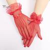 1 Pair Women Prom Gloves See-through Lace Bow Rhinestone Decor Hollow Out Fishnet Ruffle Edge Thin Full Finger Performances Bride Wedding Glove