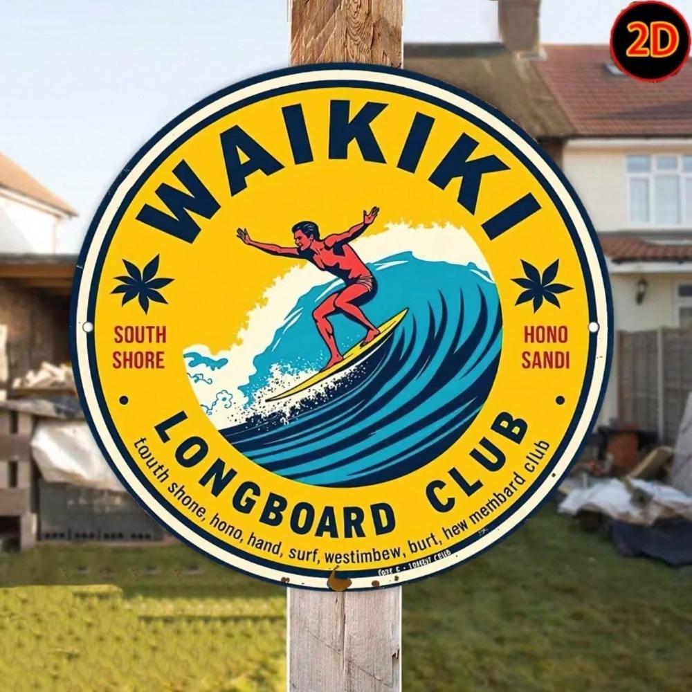 Винтажная металлическая вывеска Waikiki Longboard Club Круглая настенная арт-декор для серфинга Железный пляжный декор для дома