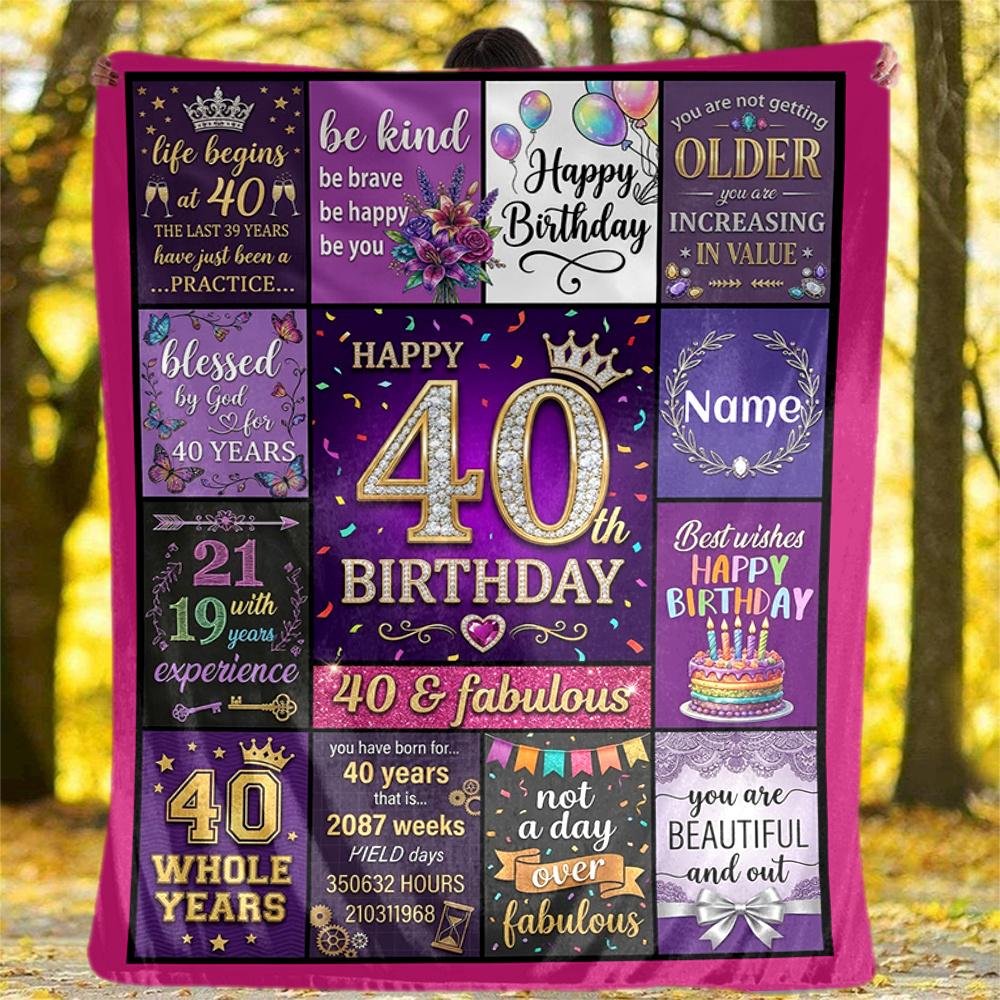 Happy 40Th Birthday Personalized Outdoor Blanket Customize Your Name Soft Warm Cozy Great For Picnics Outdoor Travel And Camping Sofa Office For All