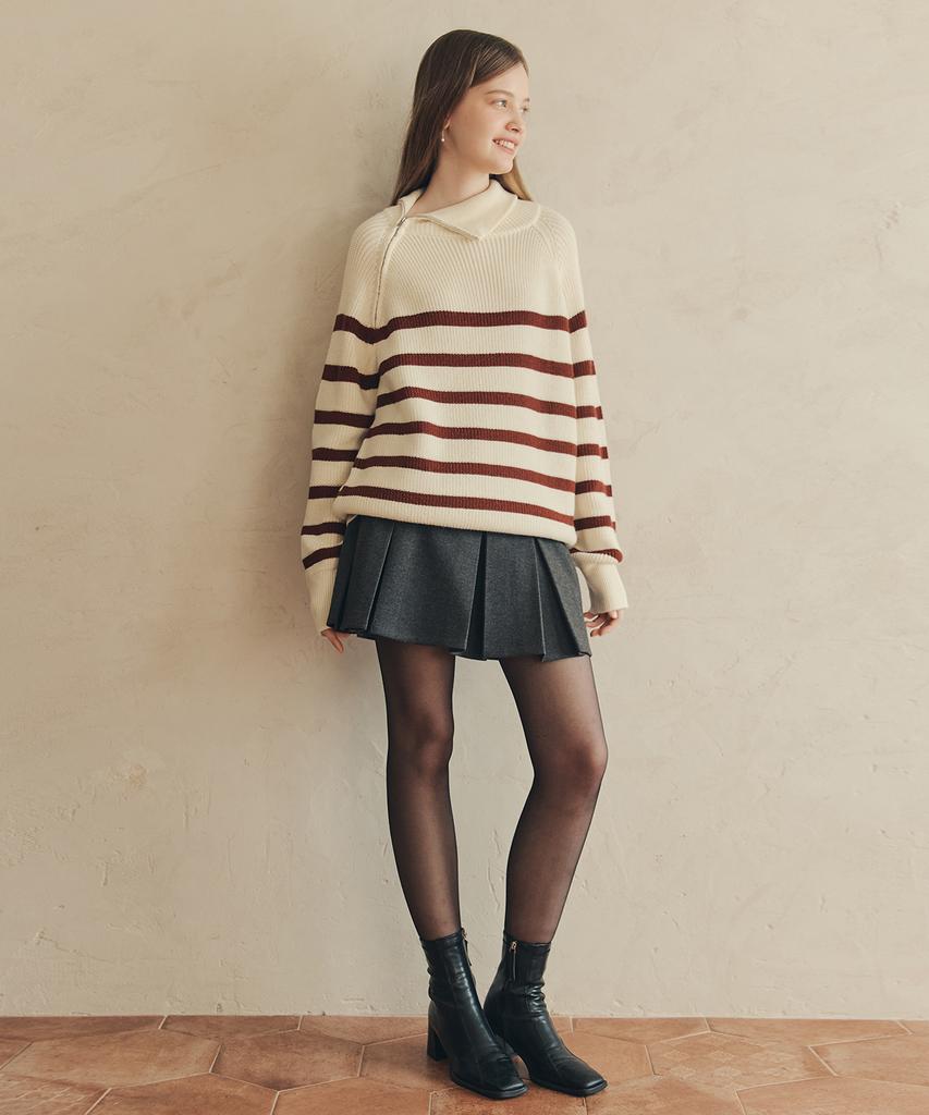 ZEROSTREET Striped Zip-Up Sweater / Ivory