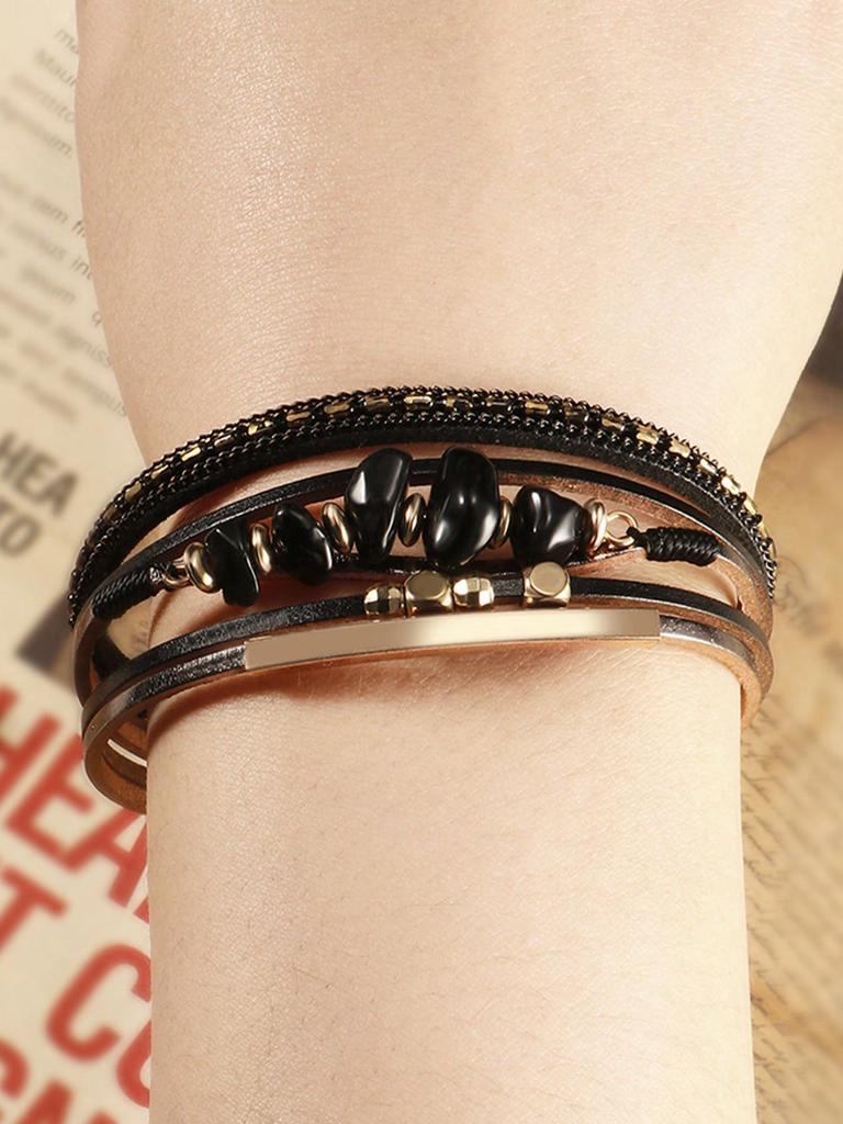 One Piece European and American Style Natural Stone Beaded Brass Tube Design Cowhide Rope Women Green Bracelet Summer Beach