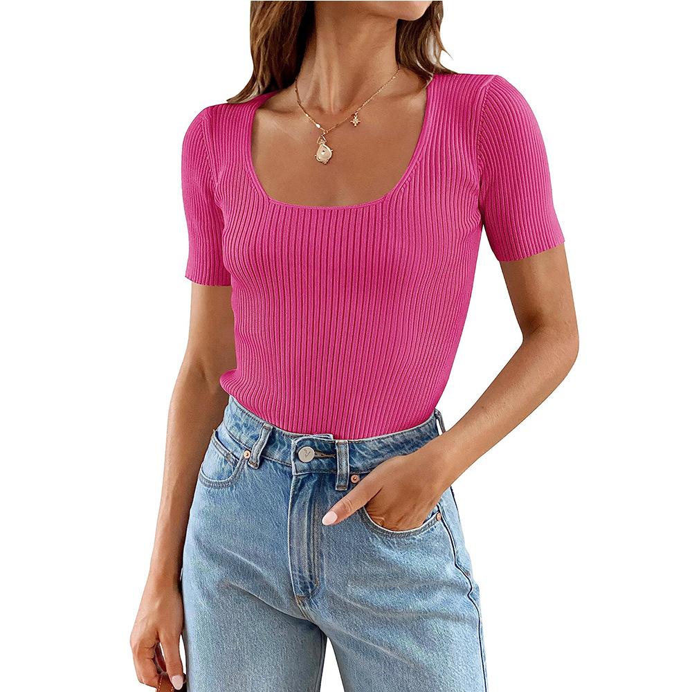 2025 летняя новая женская одежда женская U-образная горловина низ облегающий базовый короткий рукав