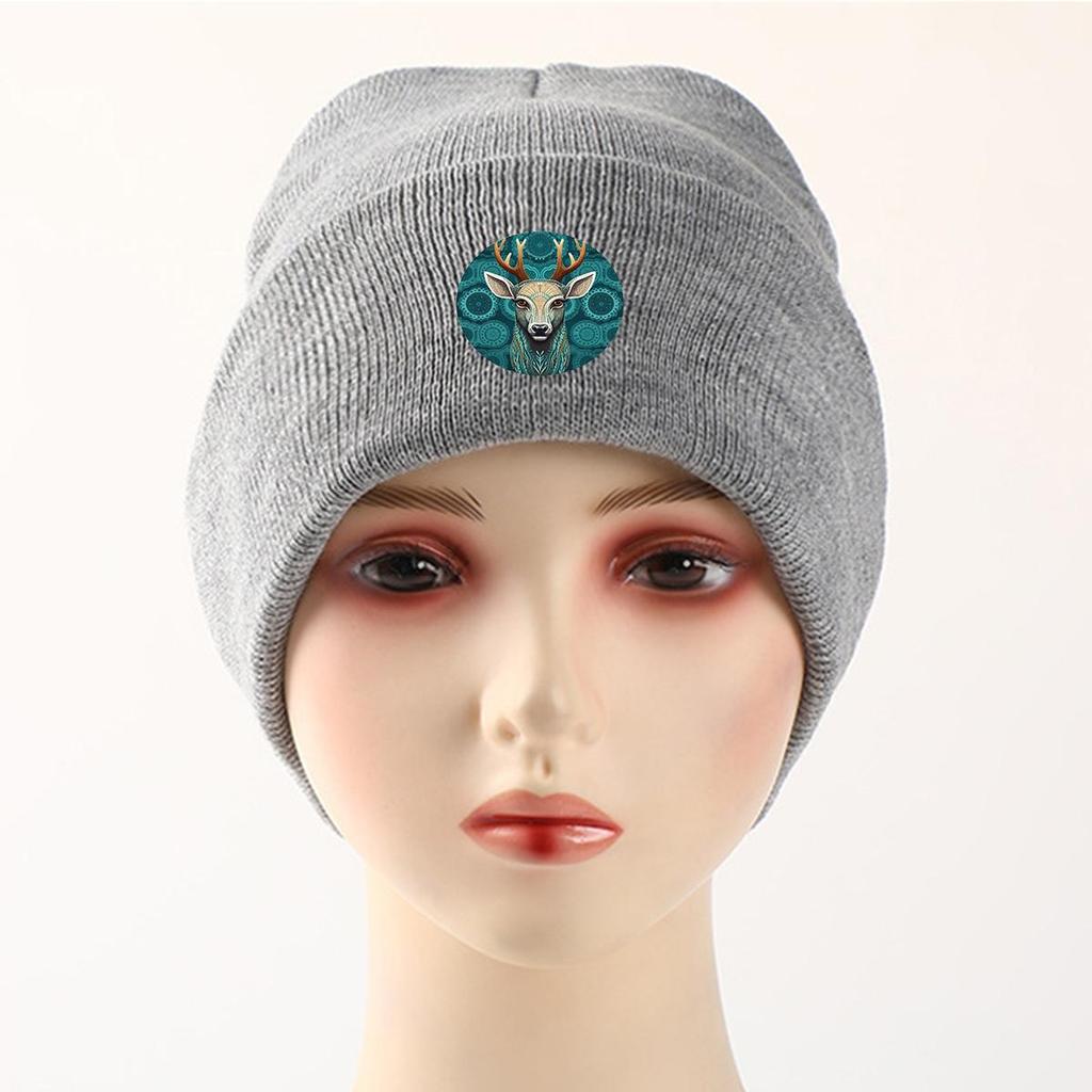 Mystery Elk Print Knit Hat Beanie, Green Animal Skull Cap Cozy Lightweight Unisex Pompom Beanies Knitted Cap Beanie