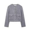 Women Fashion with Pockets Grey Single Breasted Bomber Jackets Vintage O-Neck Long Sleeves