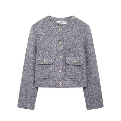 Женская мода с карманами серые однобортные куртки-бомберы винтажные с круглым вырезом и длинными рукавами