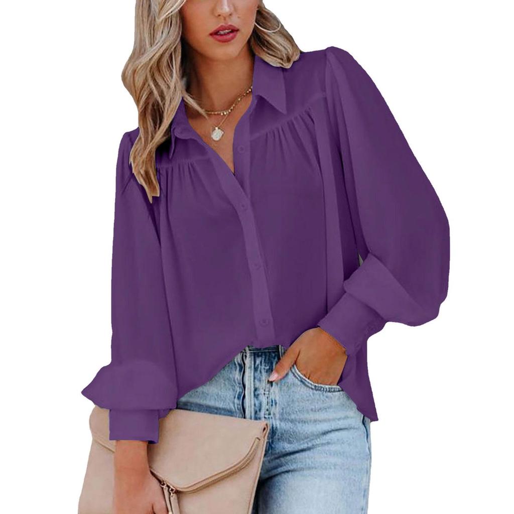 Women's Long Sleeve Ruched Stand Collar Lantern Sleeve Shirt