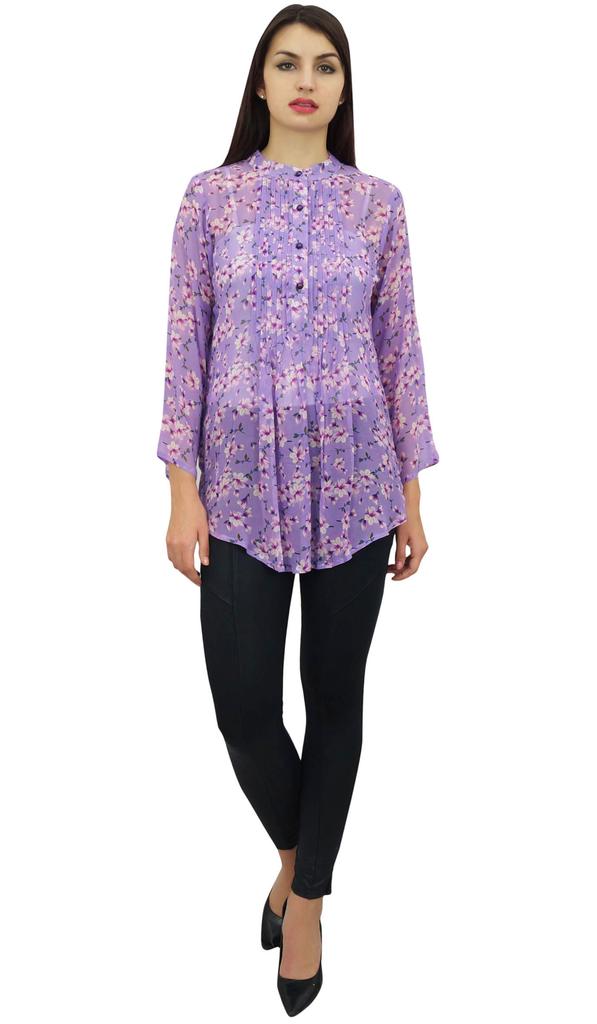 Phagun Women's Purple Floral Digital Printed Georgette Casual Tunic Top
