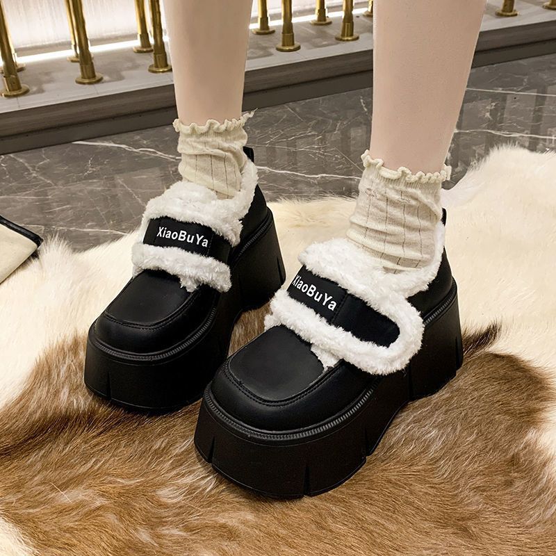 European Station 8cm Thick-soled Plush Cotton Shoes Women's 2025 Winter New Small Inner Height Increase Muffin Ice Shoes