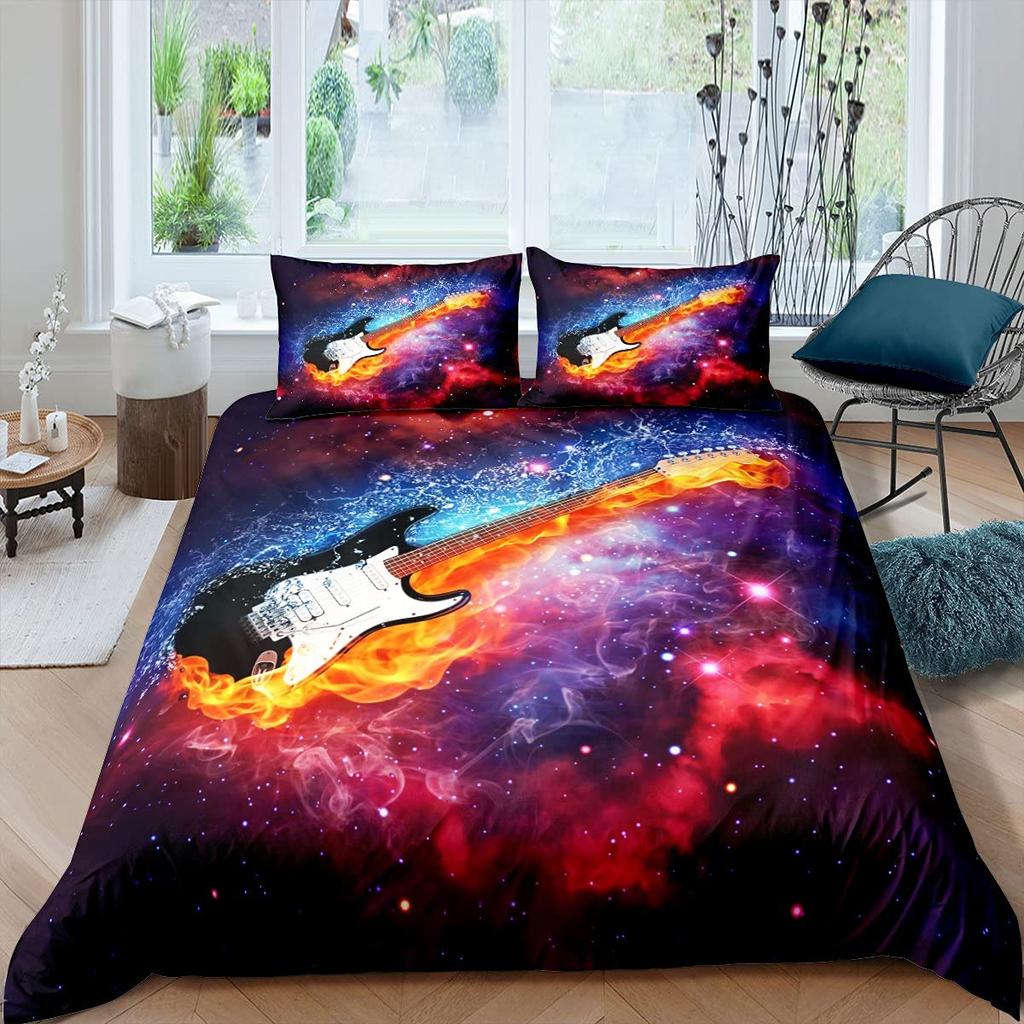 Electric Guitar King Queen Duvet Cover Stringed Instrument Bedding Set Musical Note Quilt Cover Hippie Polyester Comforter Cover