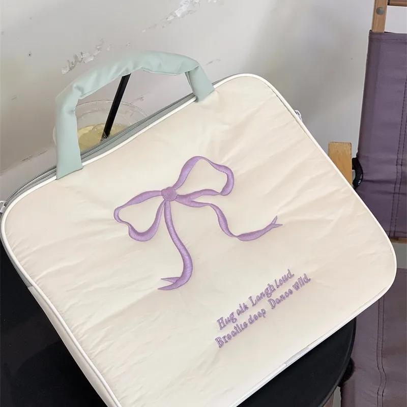 Cute Embroidered Bow Laptop Sleeve Handbags For Macbook Air Pro 11 13 14 15.6 Inch Cover For Ipad Pro 11 12.9 2024 Tablet Pouch