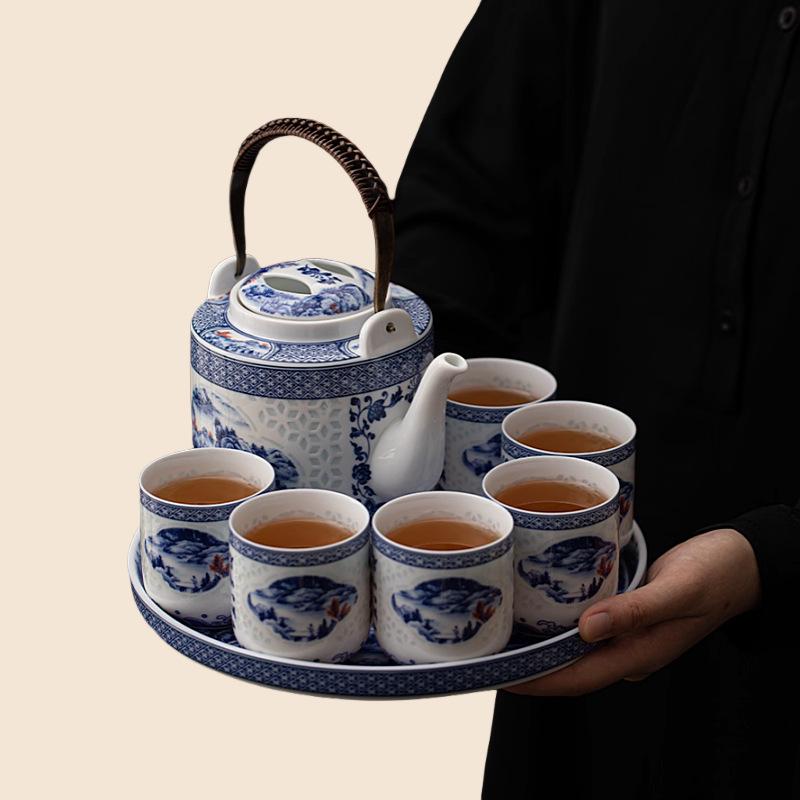Fuchun Shanju сине-белый фарфоровый набор для кунг-фу, чайник большой емкости, чайник для травяного чая, чашка, высококачественный изысканный чайный набор