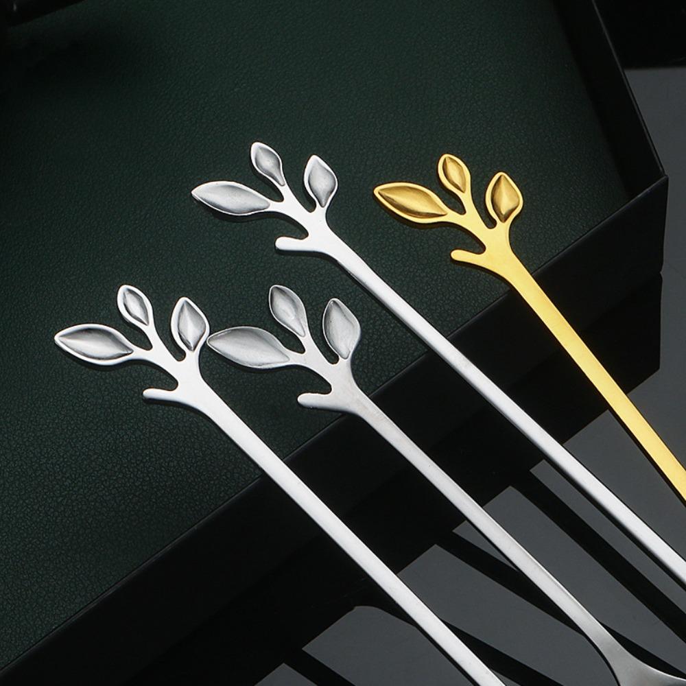 Golden Silver Water Cup Stirring Spoons Leaf Shape Dessert Spoon Fork Fruit Scraping Spoon Fork