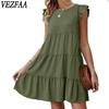 Женская мода лето весна однотонный принт с коротким рукавом и круглым вырезом свободная талия повседневные платья