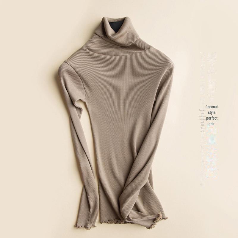 Шелковый топ Yuyue с полувысоким воротником и длинными рукавами для женщин — облегающий крой, шелковая ткань Mulberry с деревянной окантовкой, идеально подходит для осени и зимы.