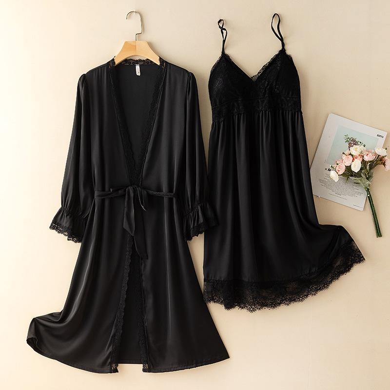 Женский комплект из 2 предметов: Халат и Ночная сорочка, Пижама, Сексуальный, С кружевной отделкой, Банный халат, Халат, Ночная сорочка, Летний, Последний, Свободный, Шелковый сатин, Домашняя одежда, Одежда для отдыха